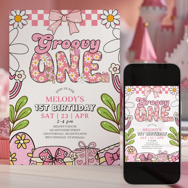 Daisy 1:a födelsedags rosa retro födelse­dagsinbju inbjudningar (Skapare uppladdad)