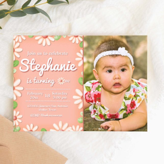 Daisy 1:a födelsedagsinbjudan till flicka med foto inbjudningar (Daisy 1st Birthday Girl Landscape Invitation with Photo Picture
)
