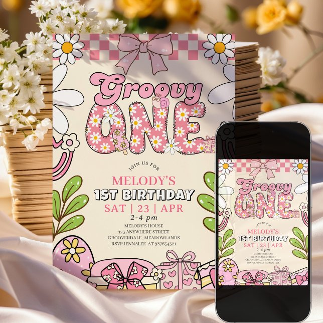 Daisy 1-års födelsedagsinbjudan i retro-stil inbjudningar (Skapare uppladdad)