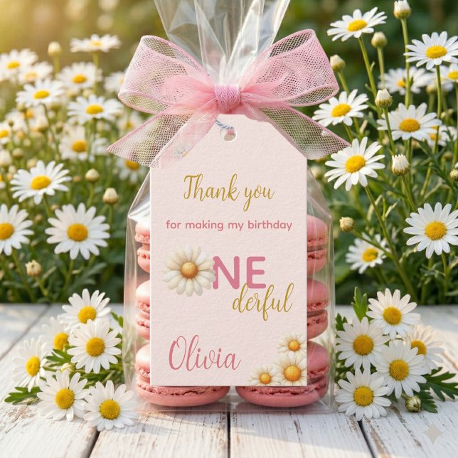 Daisy 1-årsdag  Är hon inte UNDERbar Rosa presenti Presentetikett (Daisy 1st Birthday Isn't She ONEderful Pink Favor Gift Tags)
