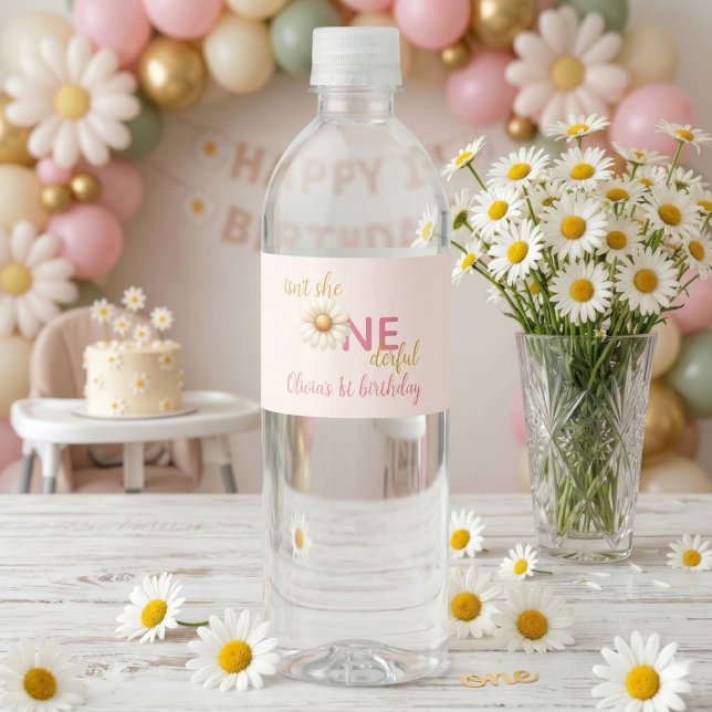 Daisy 1-årsdag - Är hon inte UNDERbar Rosa Vattenflaskor Etikett (Daisy 1st Birthday - Isn't She ONEderful Pink Water Bottle Label)