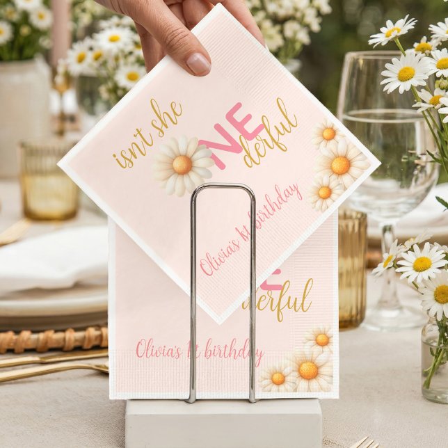 Daisy 1-årsfest Är hon inte UNDERbar Rosa Boho Pappersservett (Daisy 1st Birthday Isn't She ONEderful Pink Boho Napkins)