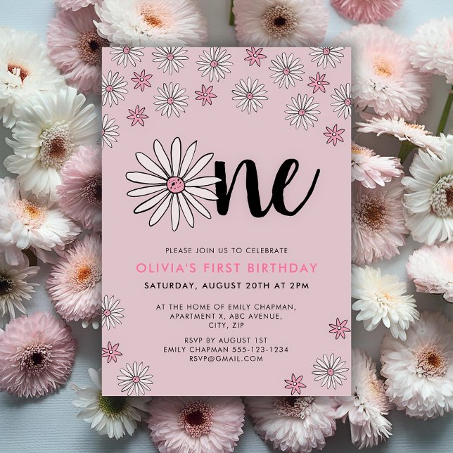 Daisy 1 Blommigt 1 födelsedag Inbjudningar (Girls First Birthday Invitation pink and white floral daisy design)