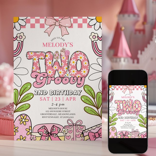 Daisy 2-års födelsedagsinbjudan i rosa retro-stil inbjudningar (Skapare uppladdad)