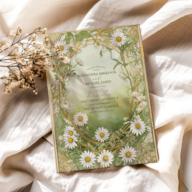 Daisy Art nouveau Elfenbenskusten Grönt Bröllop Inbjudningar (Skapare uppladdad)
