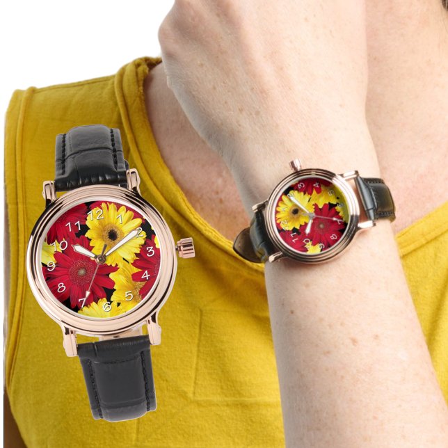 Daisy av Bright Red and Gult Gerber Armbandsur (floral watch face)