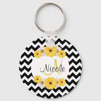 Daisy av svartvit chevron med monogram Personlig Nyckelring