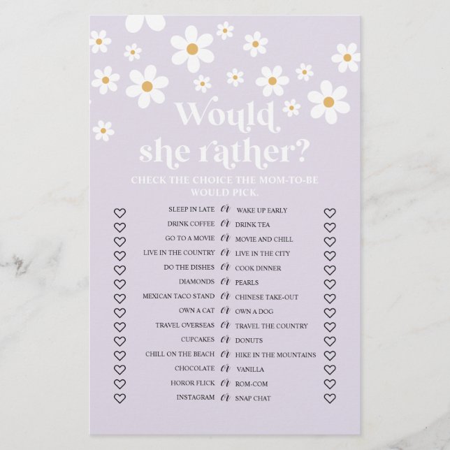 Daisy Baby Shower Would She Rather Game Flyer (Framsidan)