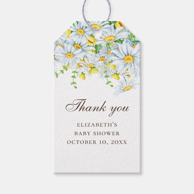 Daisy babydusch tack. Vattenfärgad blommigt Presentetikett (Framsidan)