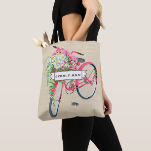 Daisy Basket Retro Rosa Bicycle Mönster Tygkasse