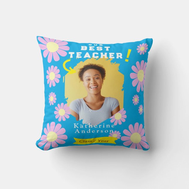 Daisy Bästa Lärare Foto Blå Kudde (Framsida)