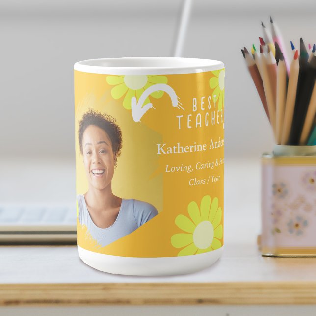 Daisy bästa lärare foto gul orange kaffemugg (Daisy Best Teacher Yellow Orange Coffee Mug.)