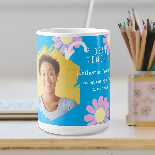 Daisy Bästa Läraren Foto Blå Kaffemugg (Daisy Best Teacher Blue Coffee Mug.)