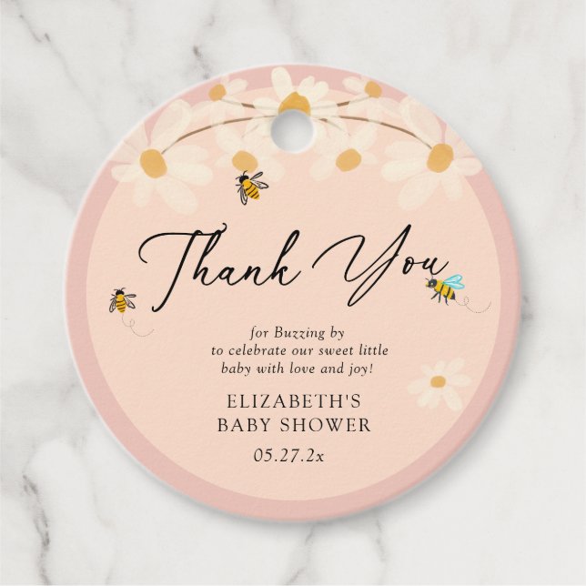 Daisy Bes Rosa Blommigt Baby Shower Tack Gåvor Etiketter (Framsida)
