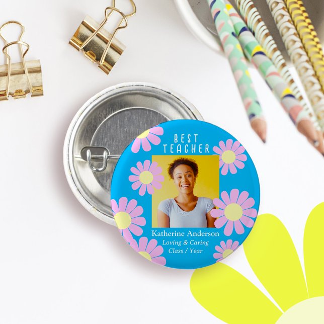 Daisy Best Teacher Photo Bright Blue Button Knapp (Daisy Best Teacher Bright Blue Button.)