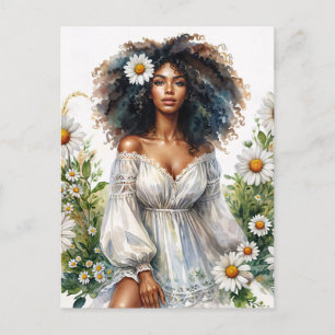 Daisy Black Woman Curly Hair Summer Watercolor Vykort