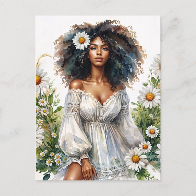 Daisy Black Woman Curly Hair Summer Watercolor Vykort (Framsida)
