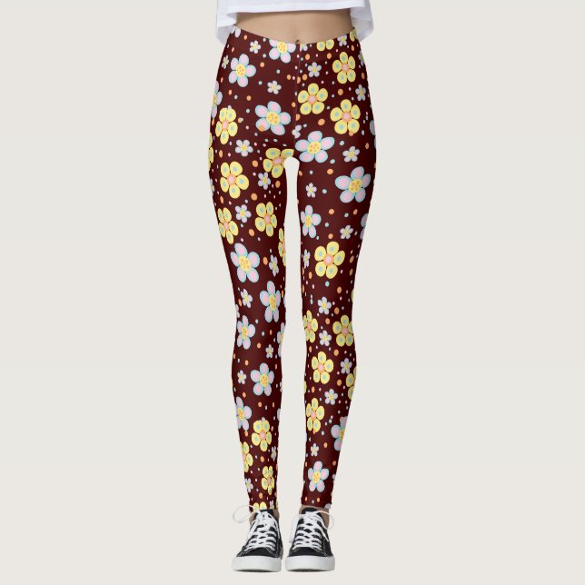 Daisy blommar. Gult och Rosa D Red BG Leggings (Framsida)