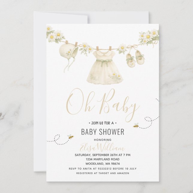 Daisy Blommig Baby Shower Klädstreck för Flicka Inbjudningar (Framsida)