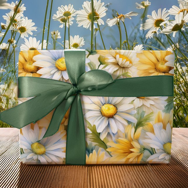 Daisy Blommig Smörkräm Trädgård Elegant Presentpapper (Elegant daisy floral wrapping paper in soft buttercream garden pattern)