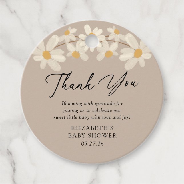 Daisy Blommigt Brown Baby Shower Tack Gåvor Etiketter (Framsida)