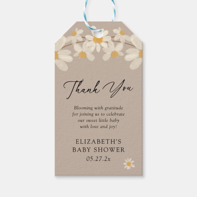 Daisy Blommigt Brown Baby Shower Tack Presentetikett (Framsidan)