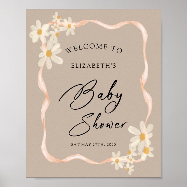 Daisy Blommigt Brunt babyskor Välkomstskylt Poster (Framsidan)