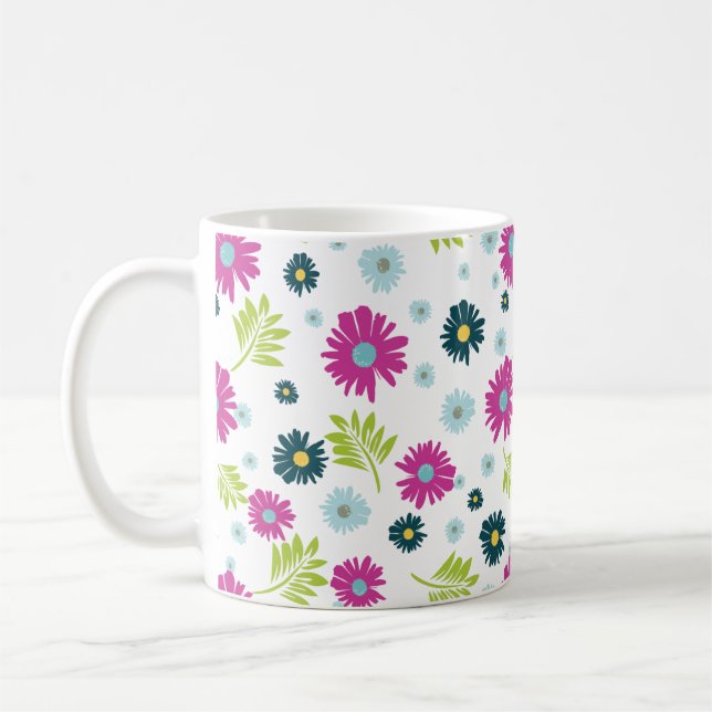 Daisy Blommigt Rosa Blue Grönt Löv Mönster Kaffemugg (Vänster)
