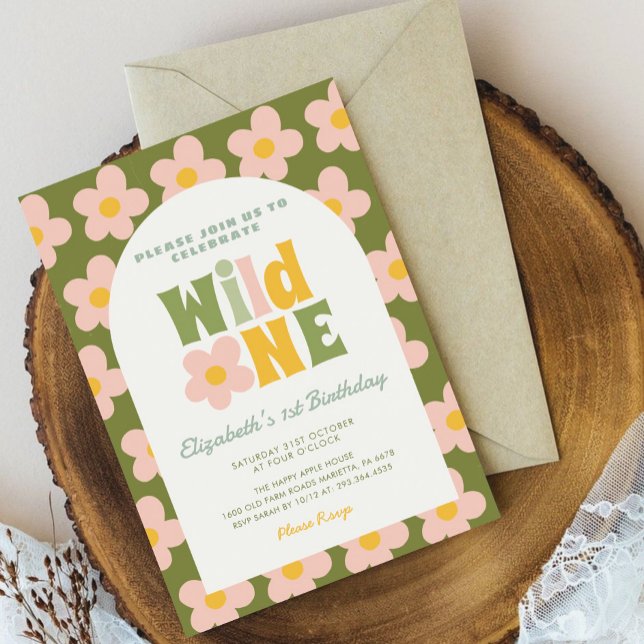 Daisy Blommigt Vild En boho rosa Girl 1 Birthday Inbjudningar (Skapare uppladdad)