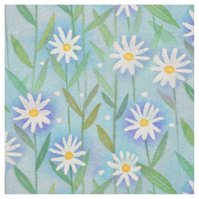 Daisy Blommigt White Blue Aqua Tyg (Närbild)