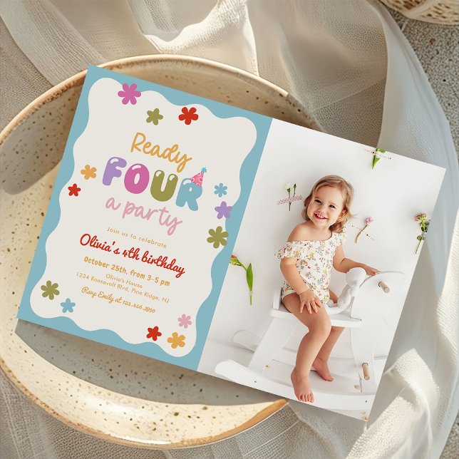 Daisy Blommor Färgglad 4-års Födelsedagsfest Foto Inbjudningar (Skapare uppladdad)
