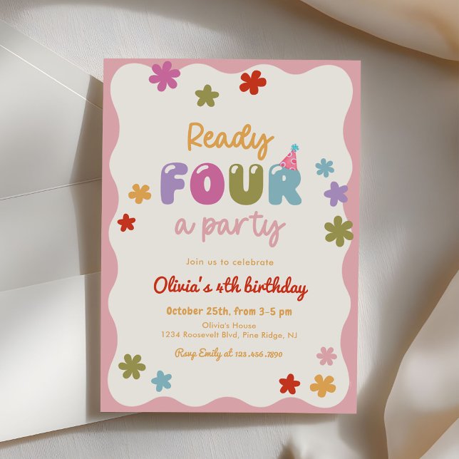 Daisy Blommor Färgglad 4-års födelsedagsfest Inbjudningar (Skapare uppladdad)