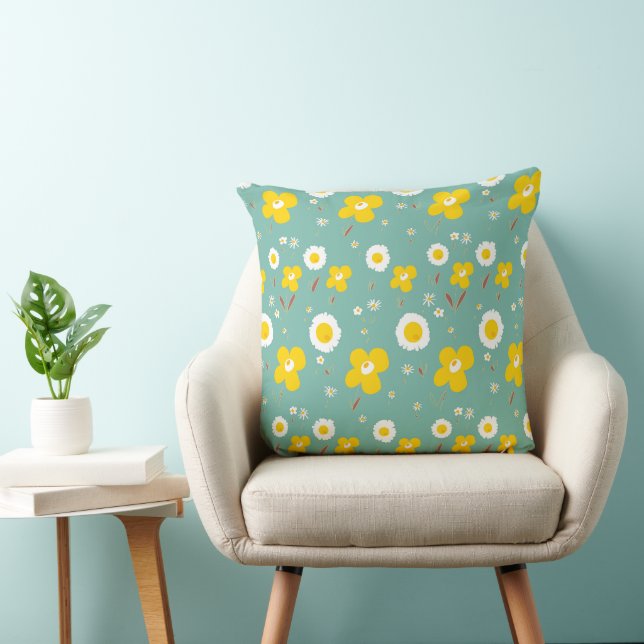 Daisy Blommor Gult Vit på Grönten Teal Kudde (Stol)