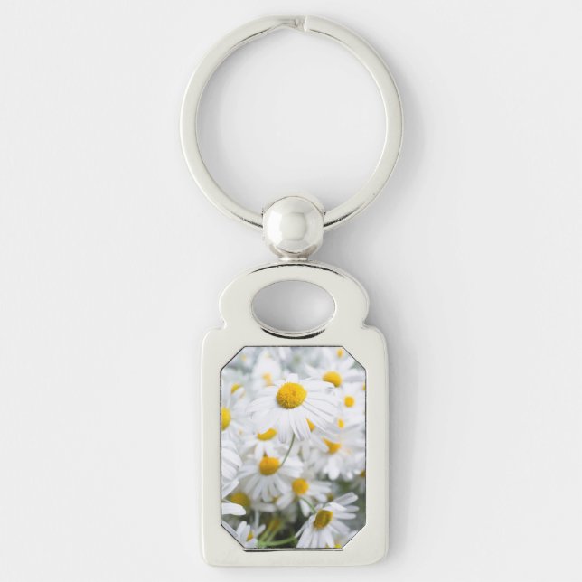 Daisy blommor rektangulärt silverfärgad nyckelring (Framsidan)