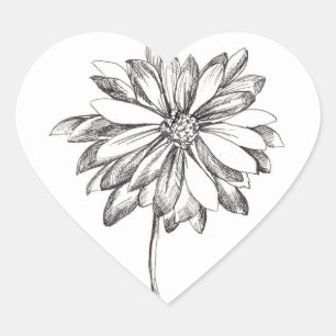 Daisy Blomsterpenna och Bläck Teckning Hjärtformat Klistermärke