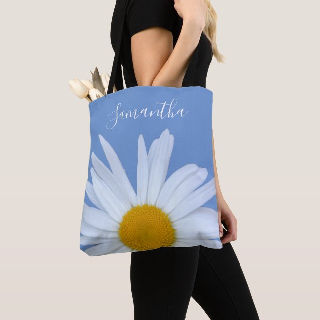 Daisy Blue Elegant White Script Tobit Bag Tygkasse (Närbild)