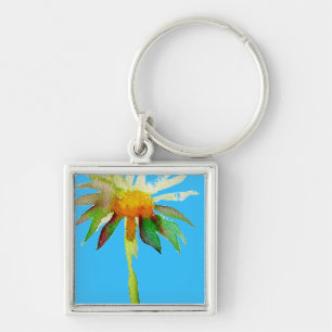 Daisy Blue Modern konst blomma Fyrkantig Silverfärgad Nyckelring