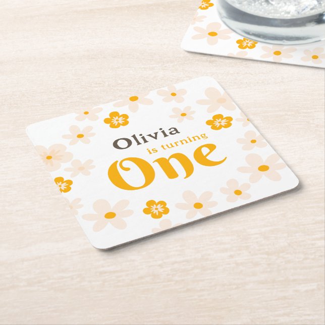 Daisy Boho Blommigt 1:a födelsedagen Underlägg Papper Kvadrat (Vinklad)