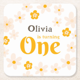 Daisy Boho Blommigt 1:a födelsedagen Underlägg Papper Kvadrat