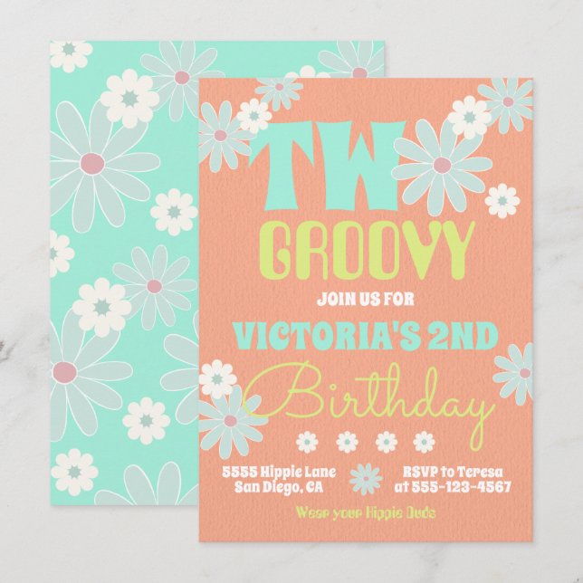 Daisy Boho Groovy Hippie Födelsedagsfest inbjudan (Fram/baksida)