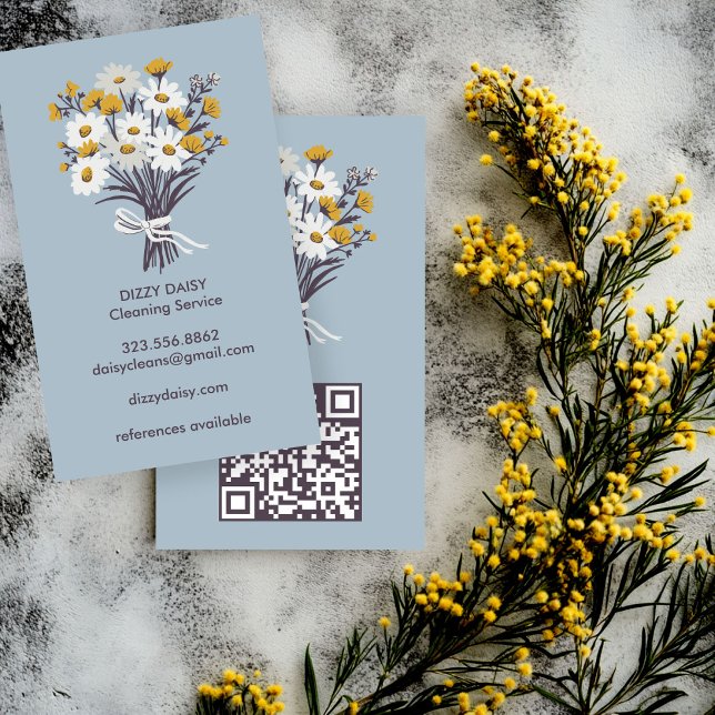 Daisy Bouquet Cute Städning QR-kod Visitkort (Daisy Bouquet Cute Cleaning Maid Service QR Code Business Card
)