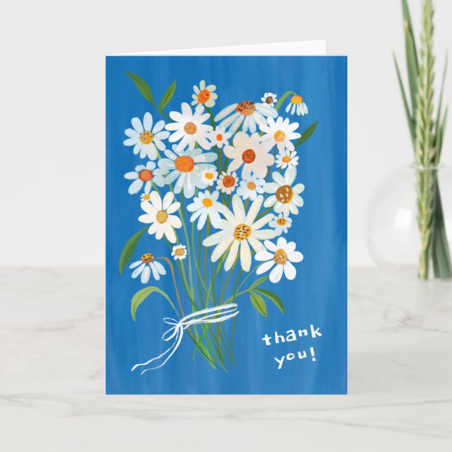 Daisy Bouquet Handmålat Gouache Flowers Blue Tack Kort (Framsida)