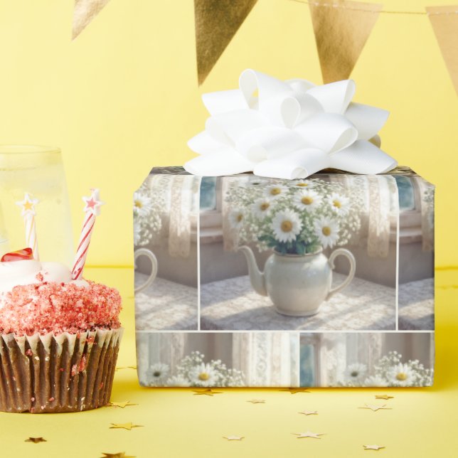 Daisy Bouquet in an Antique Teapot Presentpapper (Födelsedagsfest)