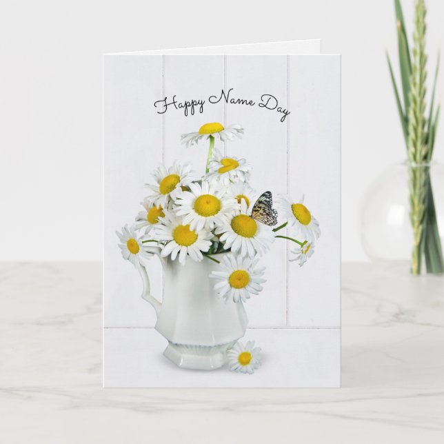 Daisy bouquet med Namn-dagen för fjäril Kort (Framsida)