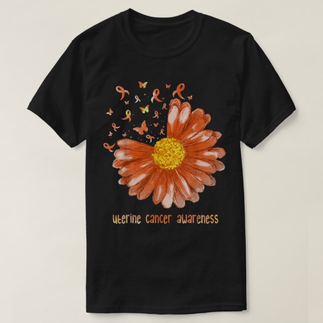 Daisy Butterfly Peach Ribbon Uterine Cancer Awaren T Shirt (Design framsida)