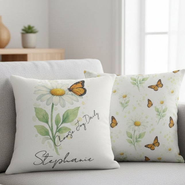 Daisy Butterfly Throw Pillow - Inspirational Decor Kudde (Inspirational Daisy and Monarch Butterfly throw pillow)