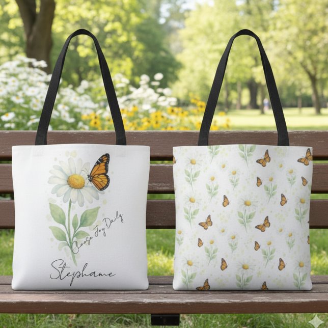 Daisy Butterfly Tote Bag - Eco-Friendly Style Tygkasse (Daisy and Monarch butterfly tote bag)