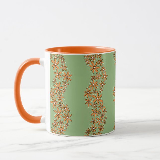 Daisy Chain Wiggly Flower Rand orange on grönt Mugg (Vänster)