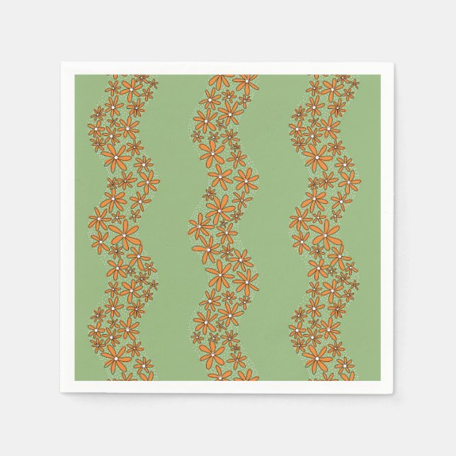 Daisy Chain Wiggly Flower Rand orange on grönt Pappersservett (Framsidan)