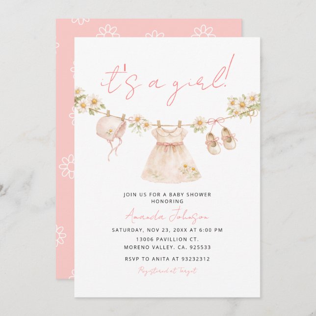 Daisy Clothesline Baby Girl Shower Invite Inbjudningar (Fram/baksida)